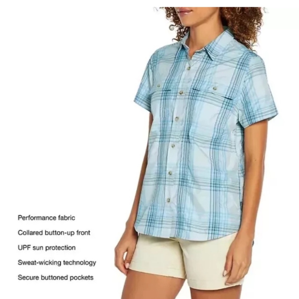 NWT Eddie Bauer Ladies Short Sleeve Adventure Top Shirt Blue Plaid. Size XL